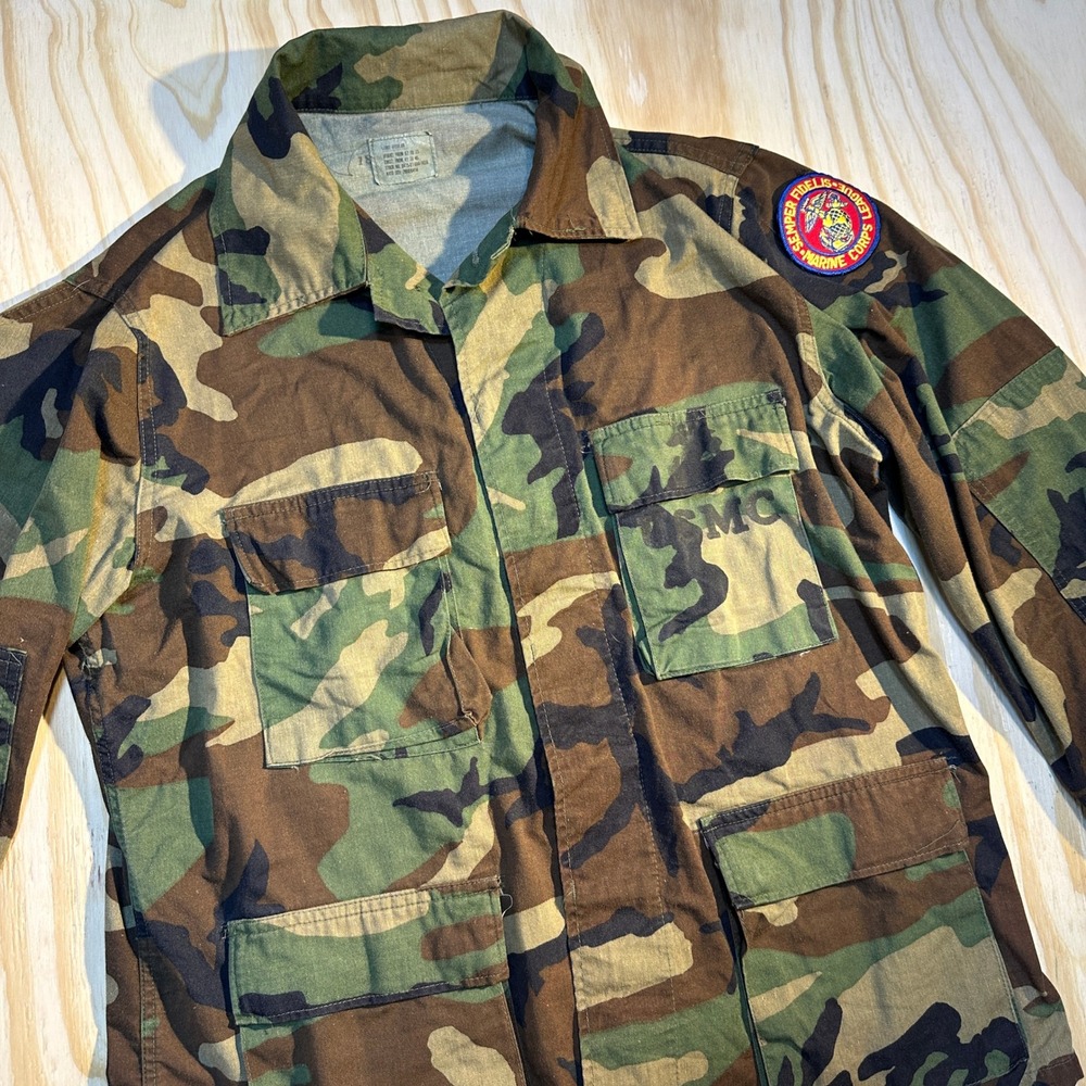US Military Men's USMC Woodland Camo BDU Field Jacket Semper Fidelis Size L Reg